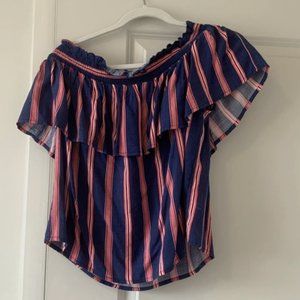 Blue with red stripes off the shoulder blouse from Fabrik, Size large